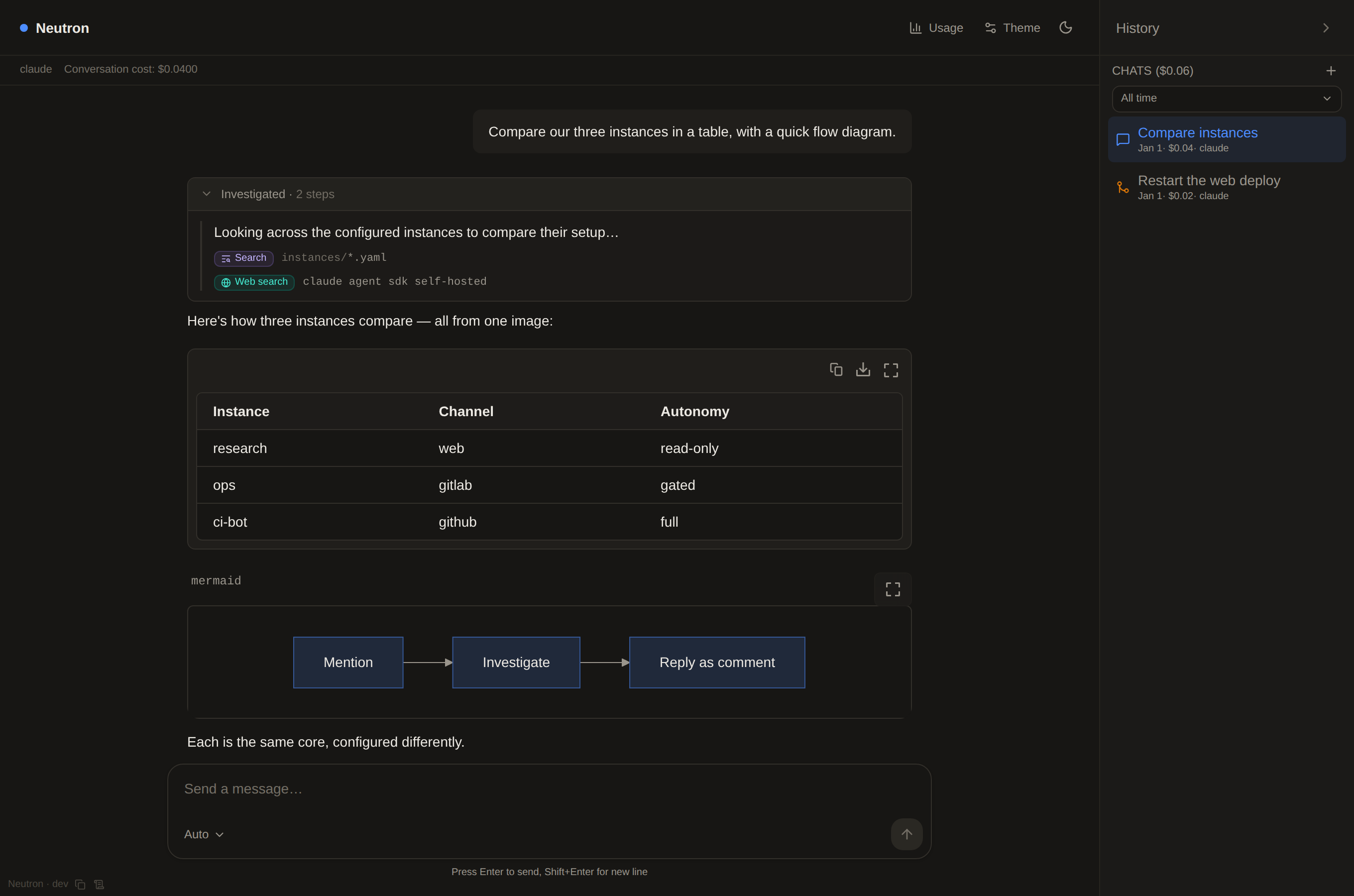 Live activity trace with tool chips